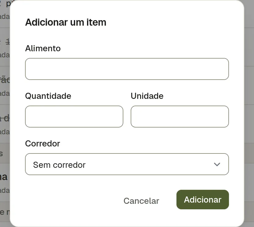 A janela Adicionar item, com o alimento, a quantidade, a unidade e o corredor a que pertence