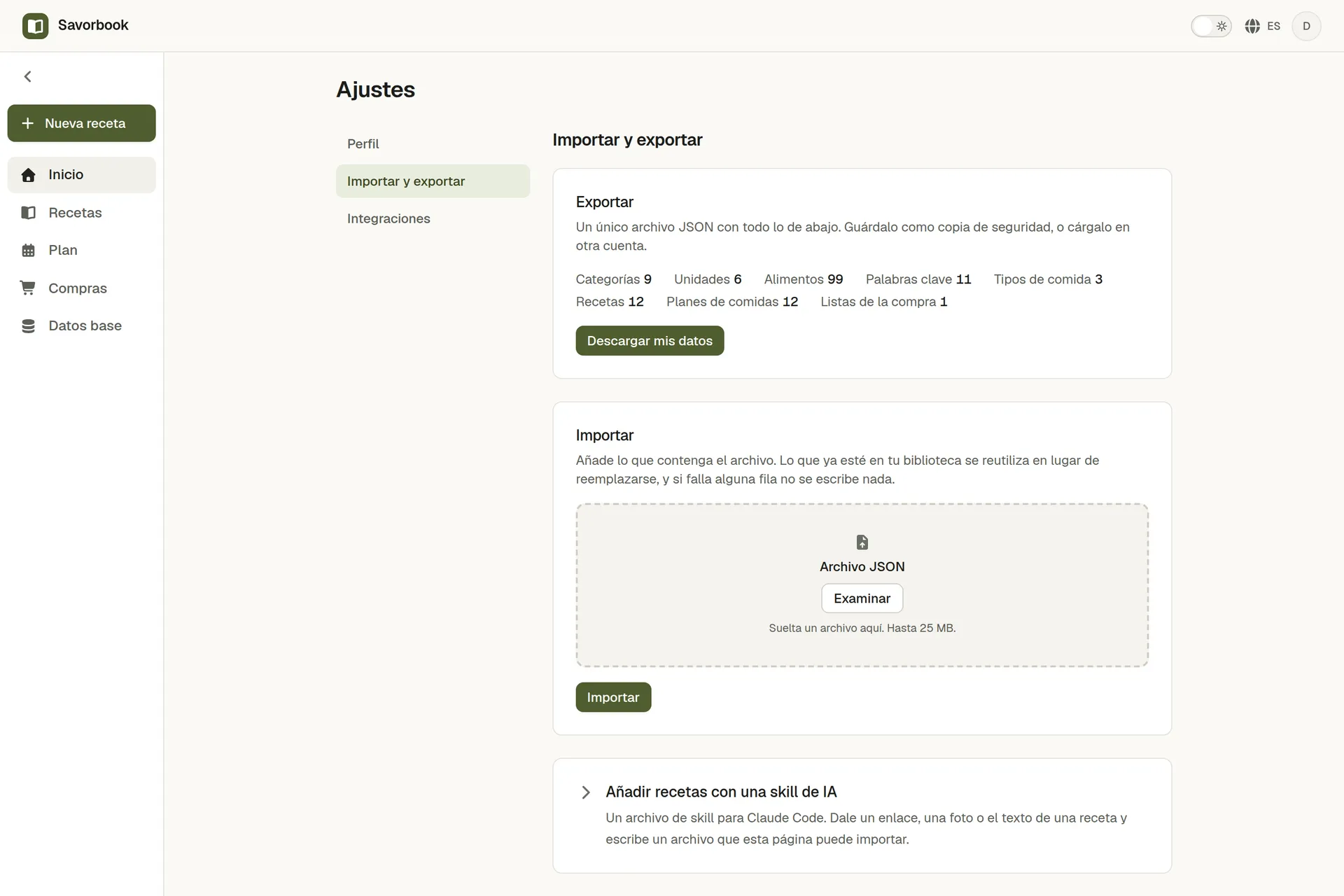 La página de datos de SavorBook, que entrega la cuenta entera en un archivo y acepta otro de vuelta