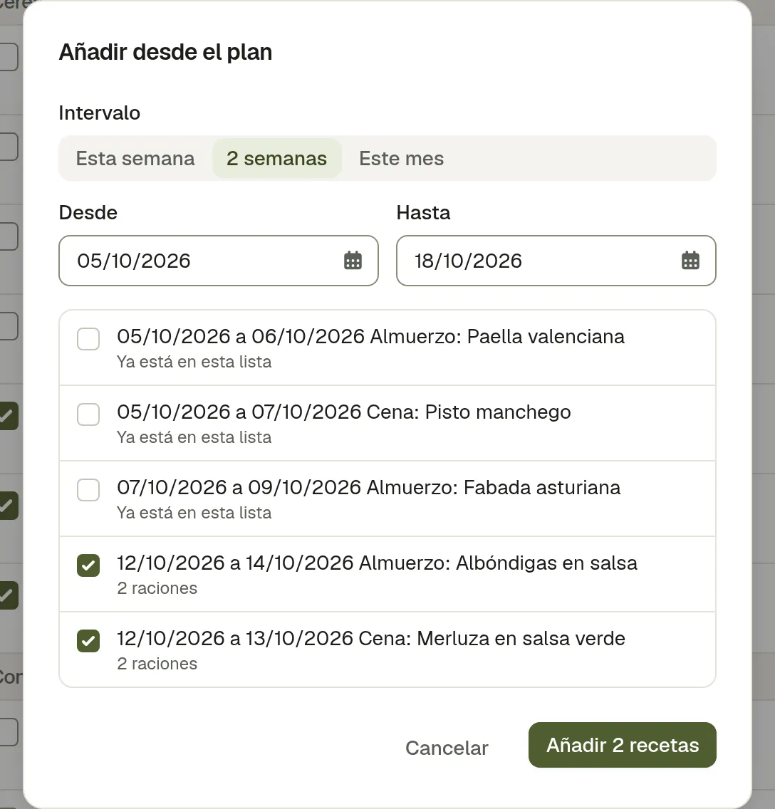 El diálogo Añadir del plan: un rango de fechas, cada comida planificada con su casilla, dos marcadas como ya en la lista y una sin receta, así que no hay nada que comprar