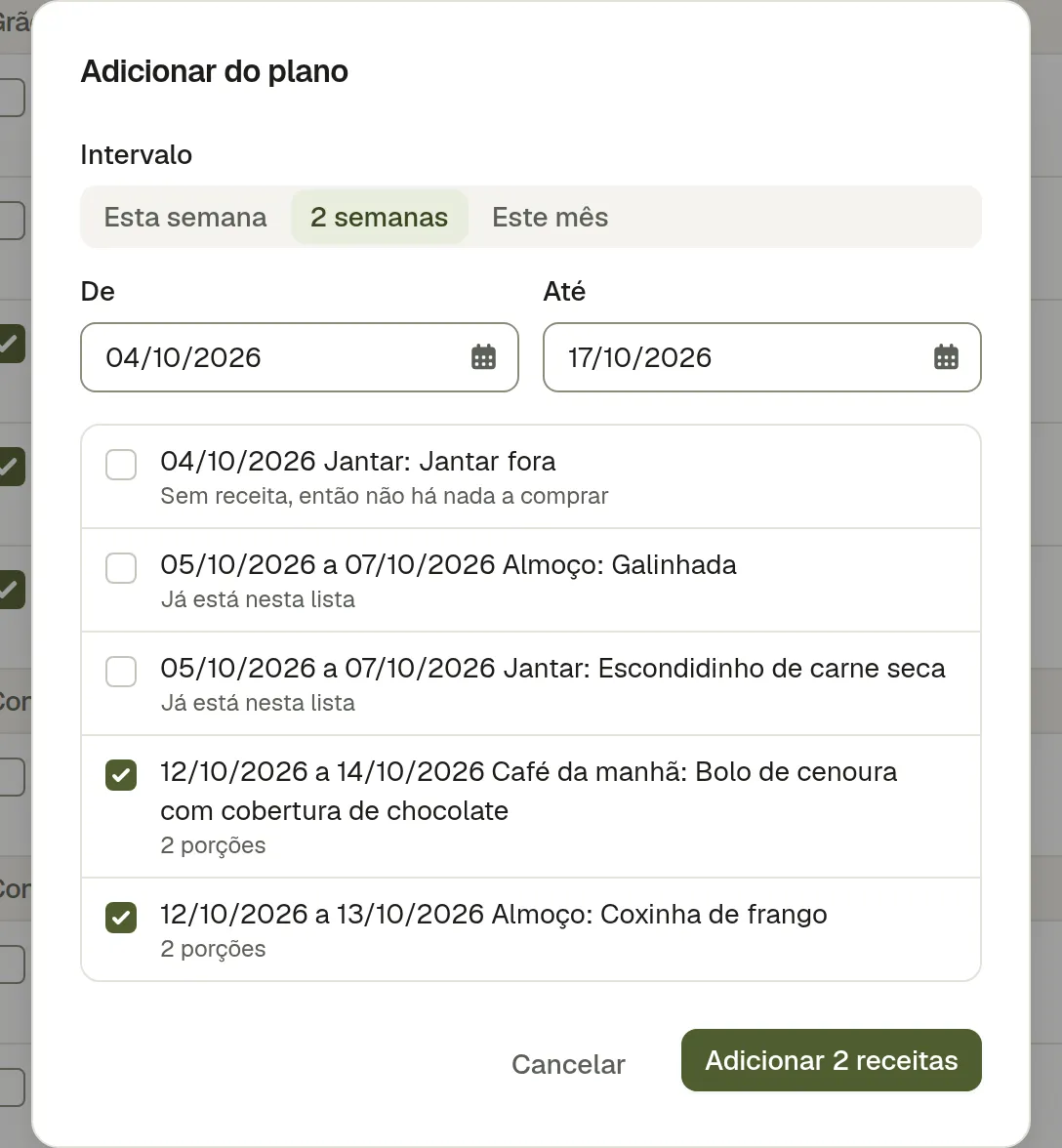A janela Adicionar do plano: um intervalo de datas, cada refeição planeada com a sua caixa, duas marcadas como já na lista e uma sem receita, por isso não há nada a comprar
