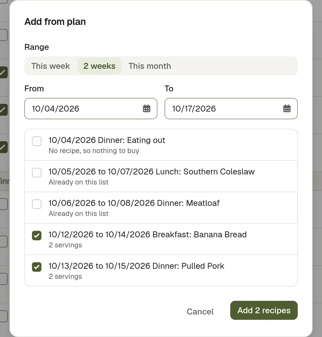 The Add from plan dialog: a date range, each planned meal with a checkbox, two marked as already on the list, and one with no recipe so nothing to buy