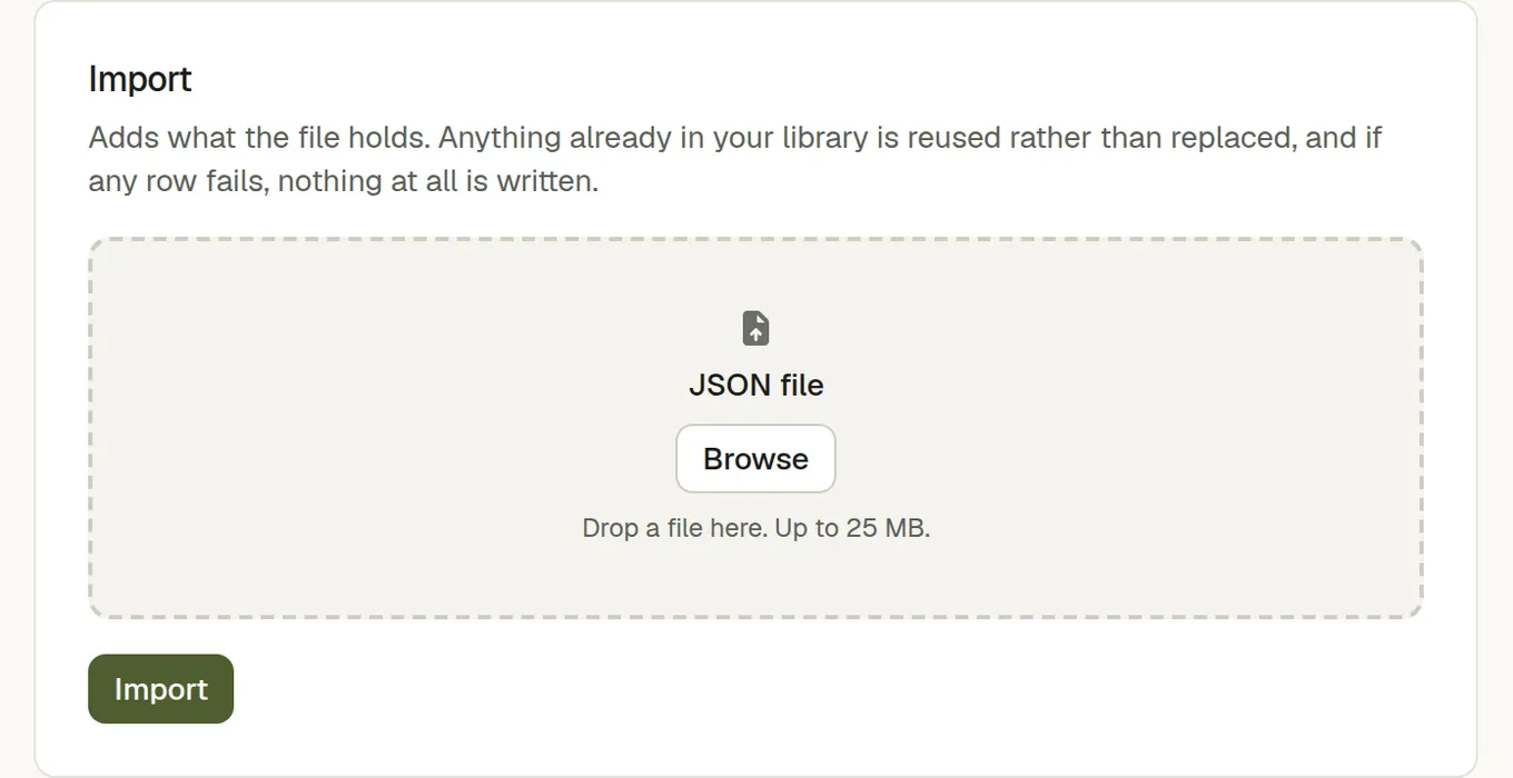 The import panel, taking a JSON file of up to 25 MB