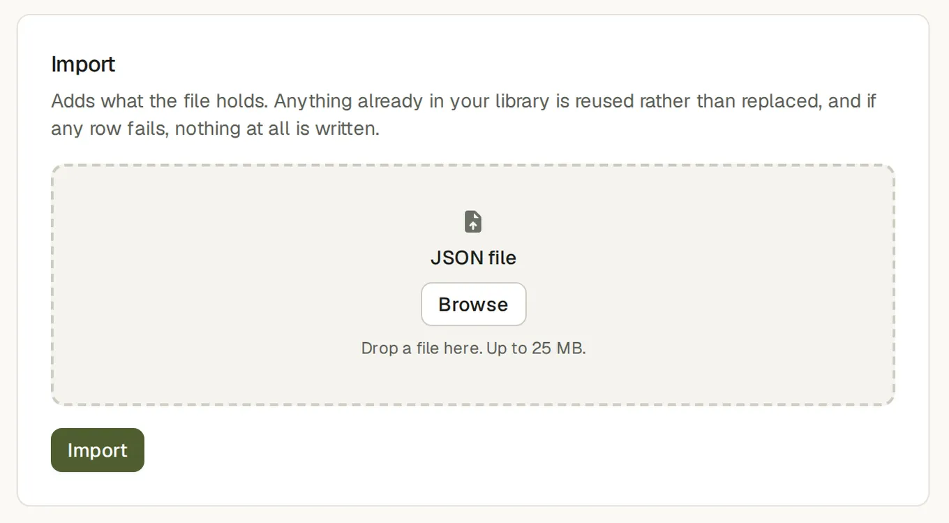 The import panel, taking a JSON file of up to 25 MB