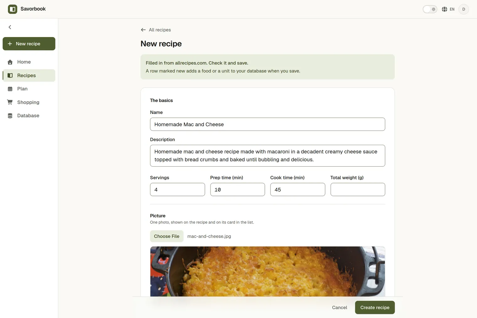 A recipe imported from its link, with the photo, ingredients and steps filled in, ready to save