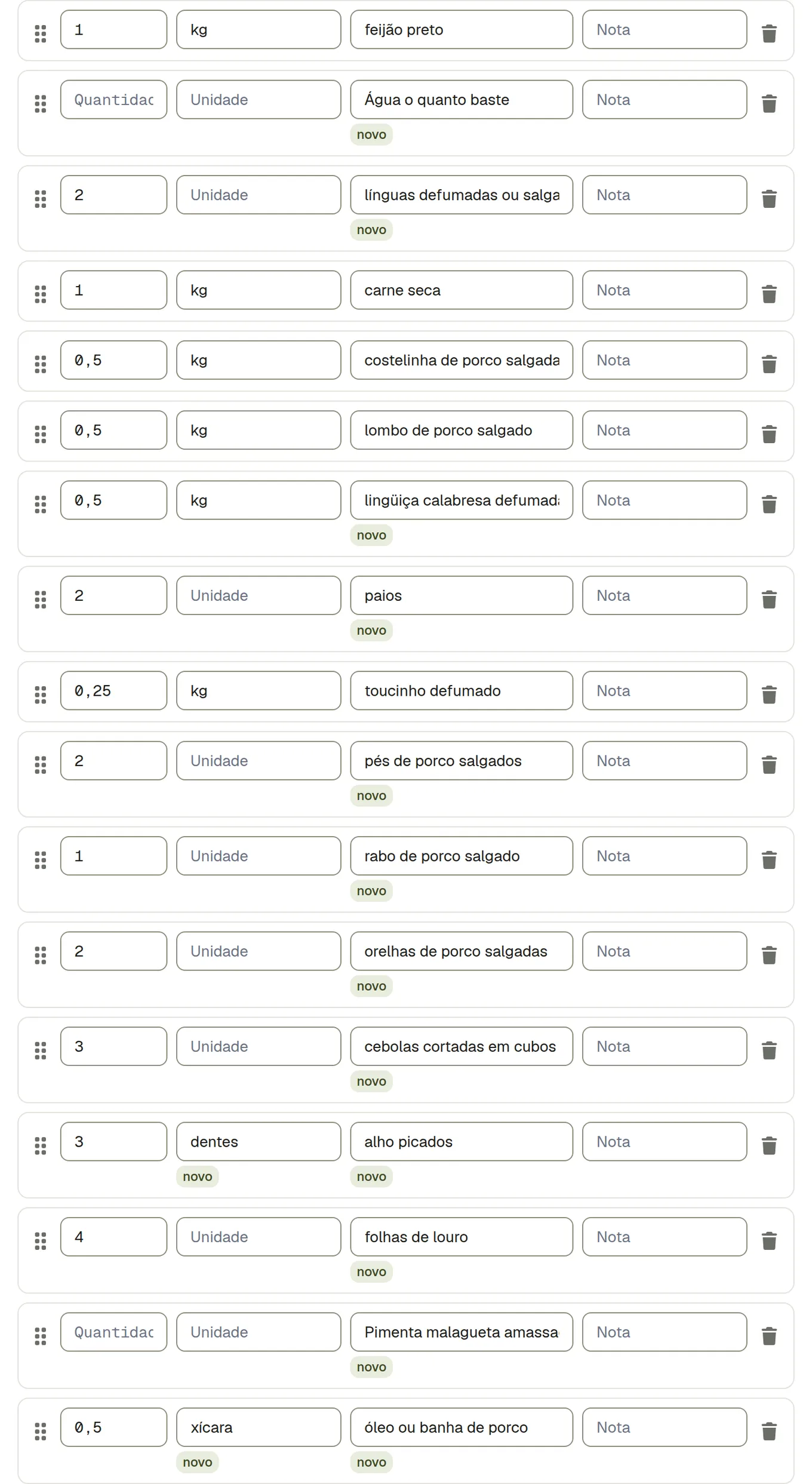 Linhas de ingredientes importadas: umas associadas a alimentos que a conta já tem e as restantes marcadas como novas