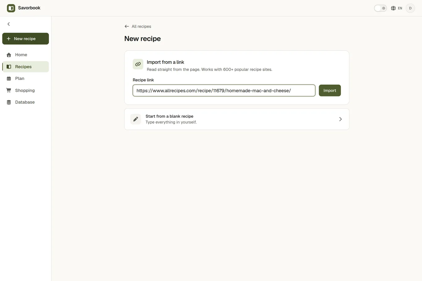 The import screen with a recipe page's address in the Recipe link field