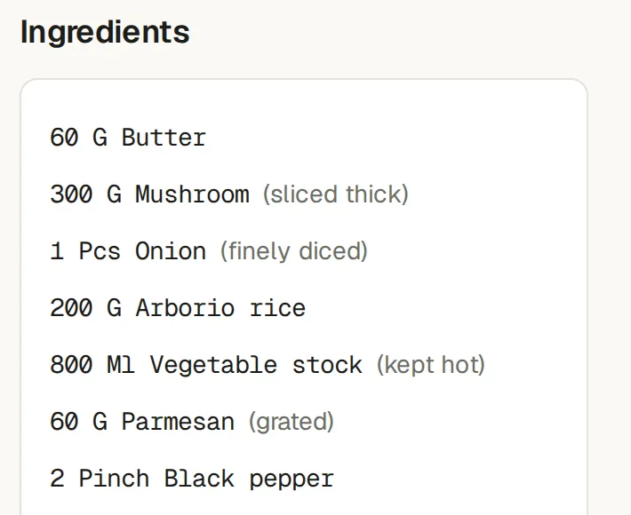 O painel de ingredientes de uma receita, cada linha com uma quantidade, uma unidade e um alimento