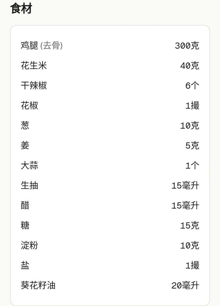 食谱的食材面板，每一行是一个数量、一个单位和一样食材