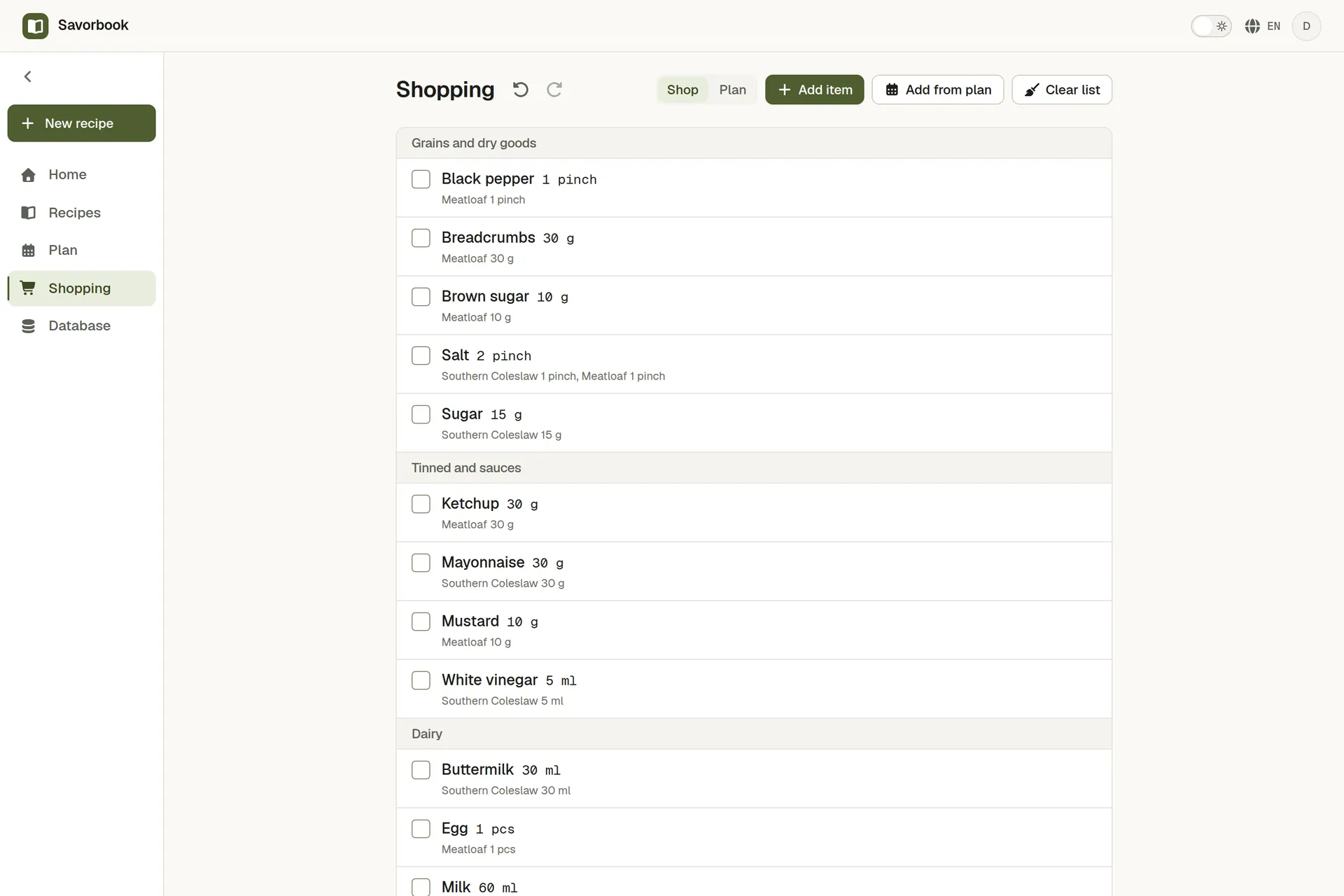 A shopping list grouped by aisle with amounts summed across recipes