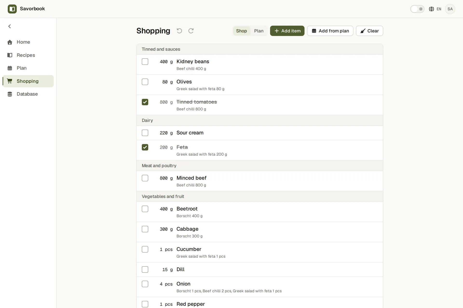 A shopping list grouped by food with amounts summed across recipes