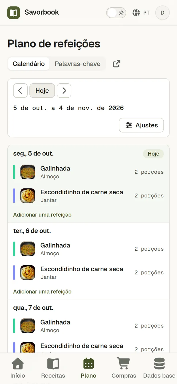Uma receita importada a partir do link, planeada em três dias e adicionada à lista de compras