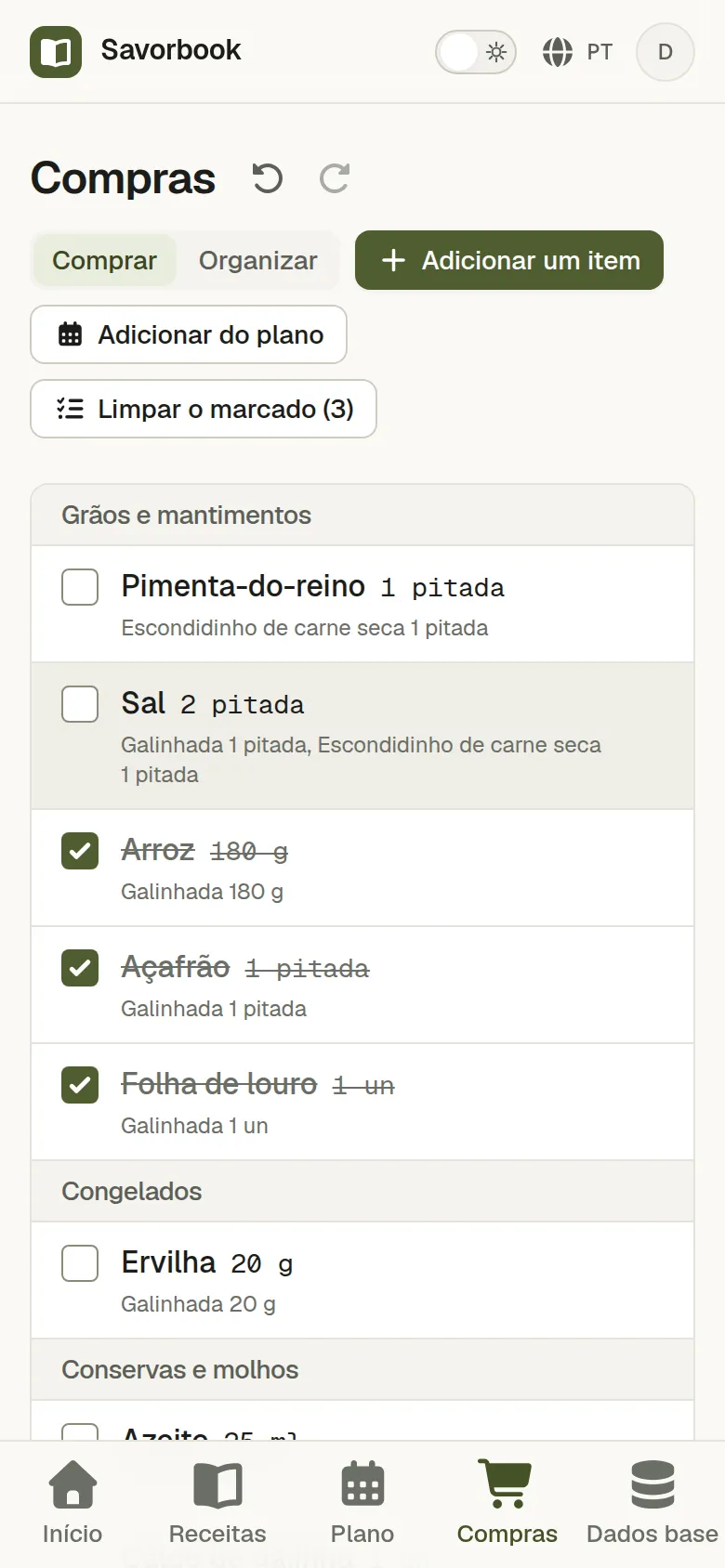 A lista de compras num telemóvel em modo Compras, a meio das compras, com várias linhas marcadas