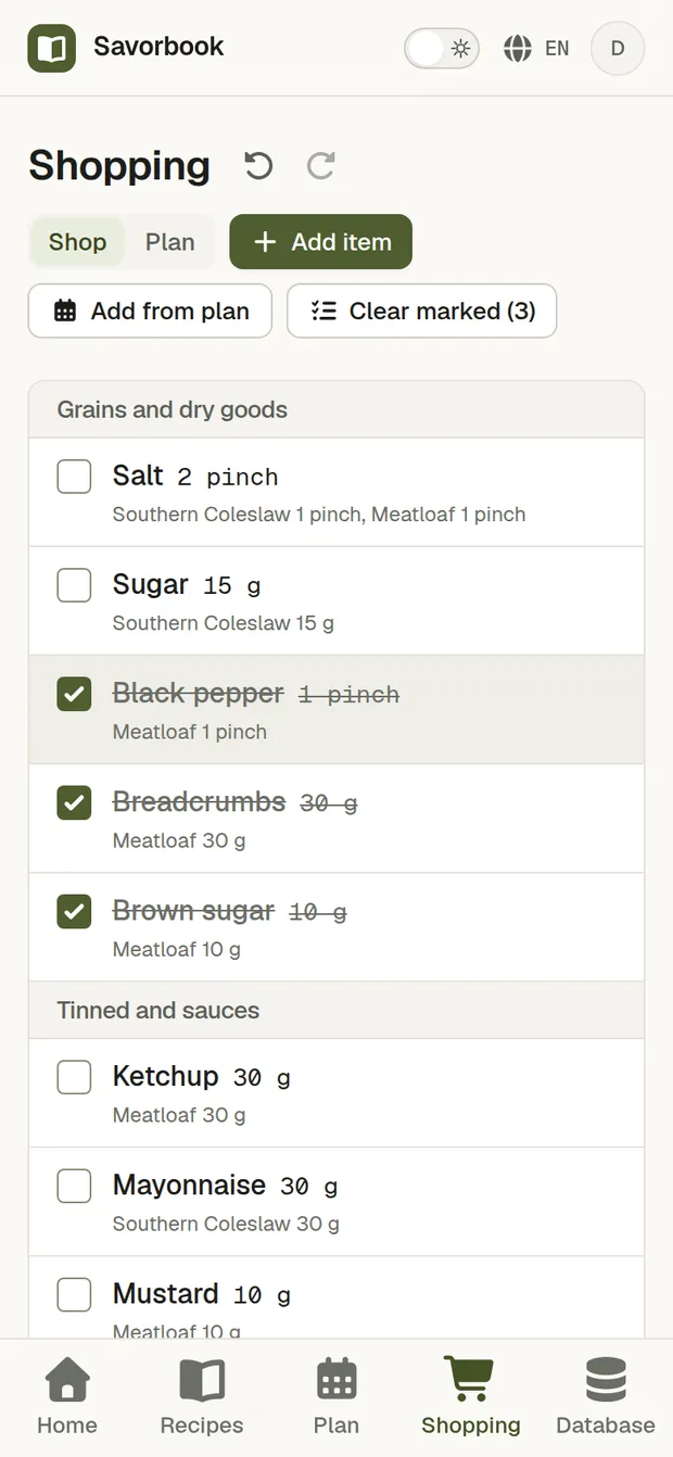 The shopping list on a phone in Shop mode, mid shop, with several rows ticked off