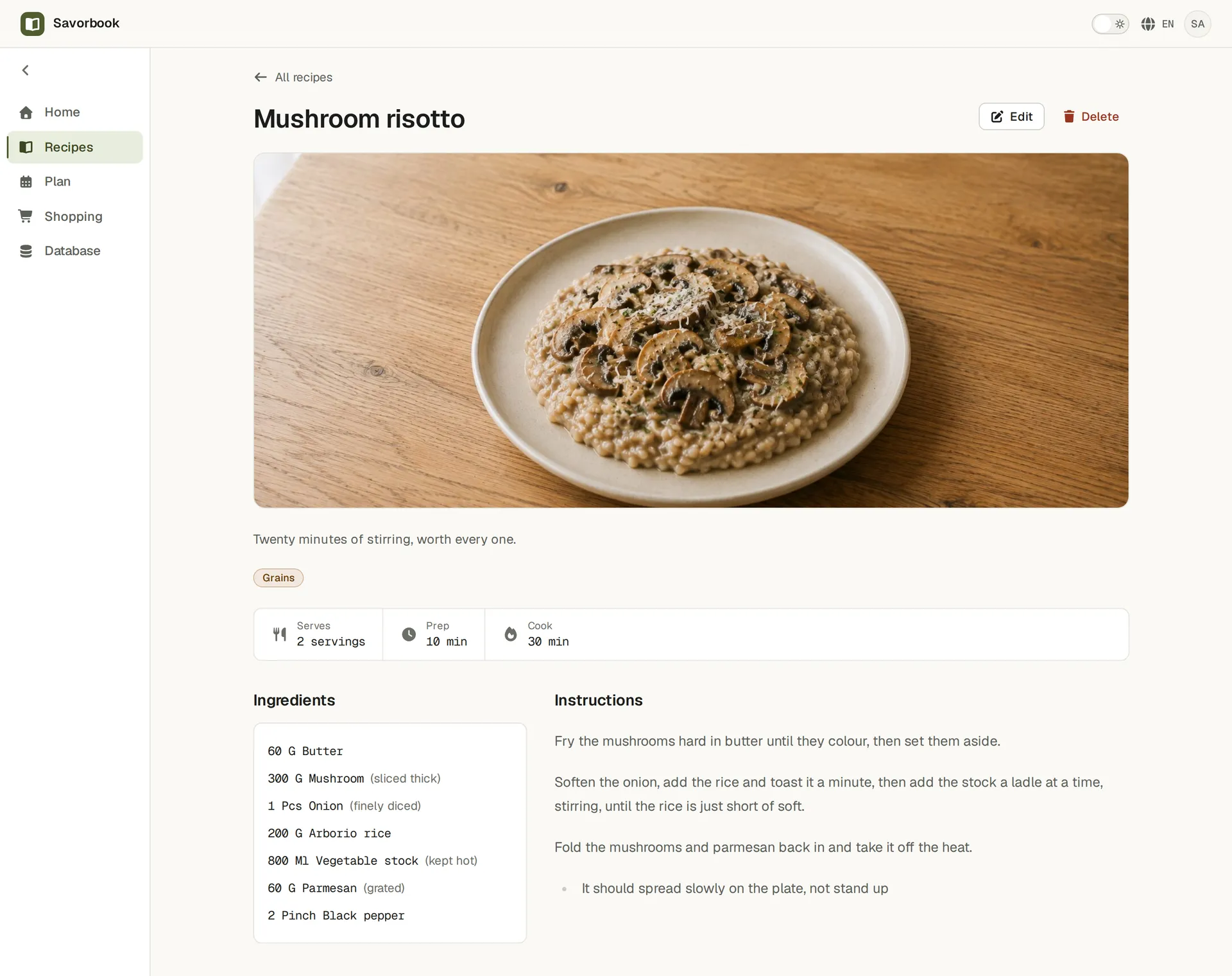 A SavorBook recipe showing its ingredients linked to foods and units beside markdown instructions