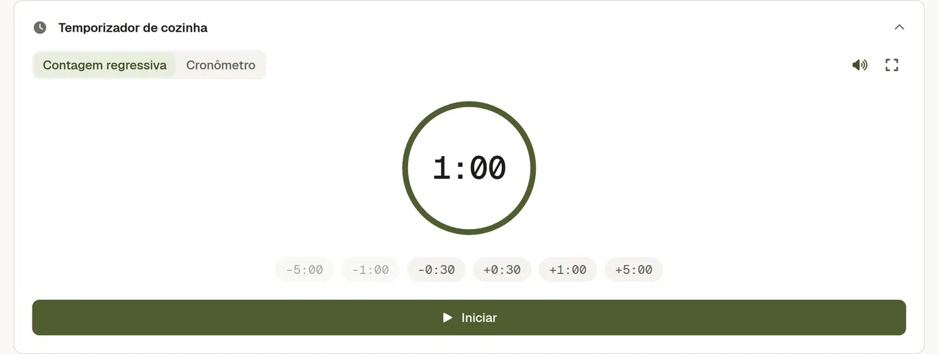 O temporizador de cozinha de uma receita: separadores de contagem decrescente e cronómetro, um anel de progresso e botões que somam trinta segundos, um minuto e cinco minutos