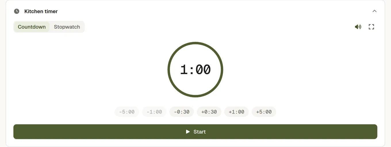 The kitchen timer on a recipe: countdown and stopwatch tabs, a progress ring, and buttons adding thirty seconds, one minute and five minutes