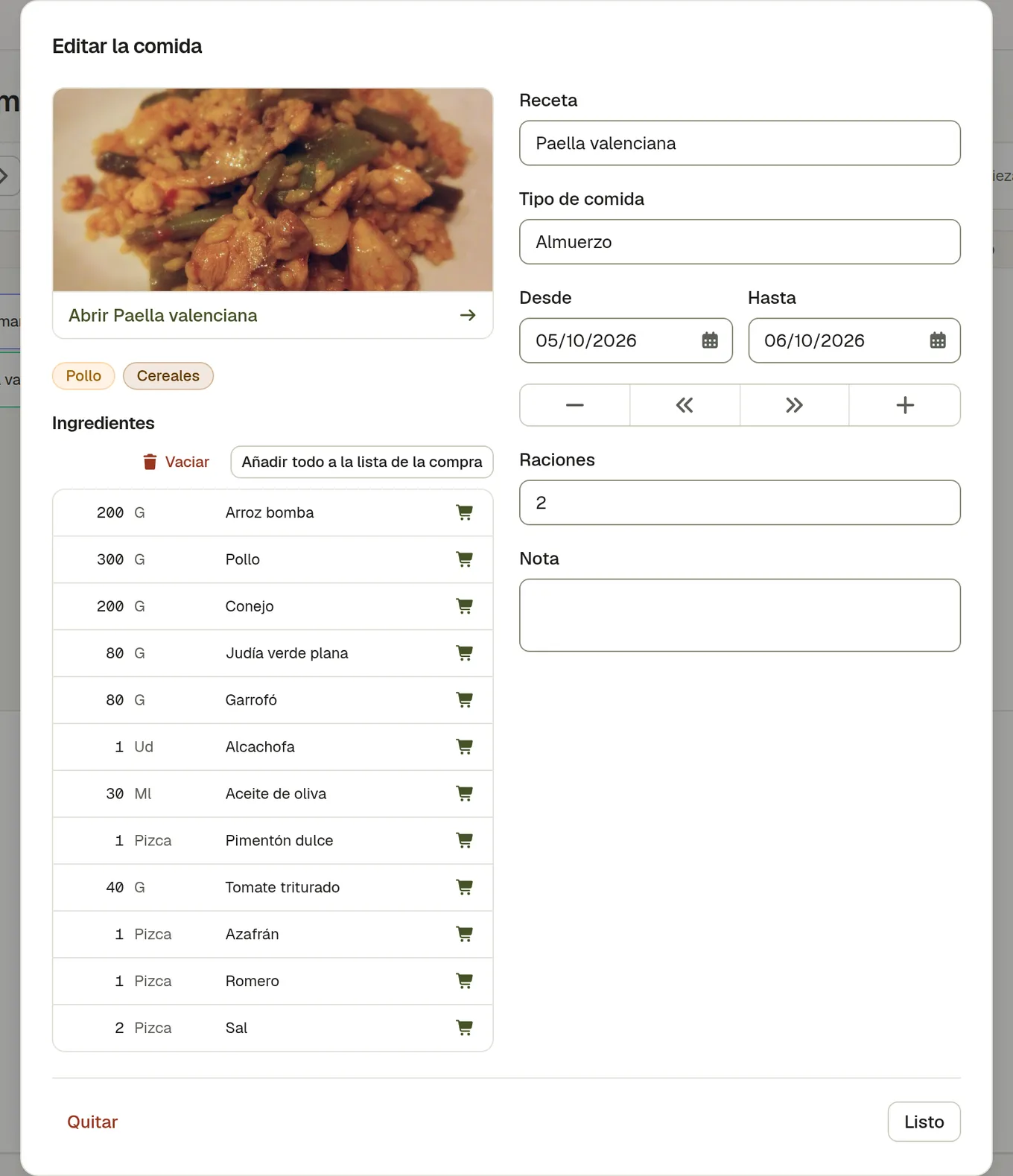 Una comida planificada abierta en el calendario, con su receta, sus raciones y un enlace a la receta completa