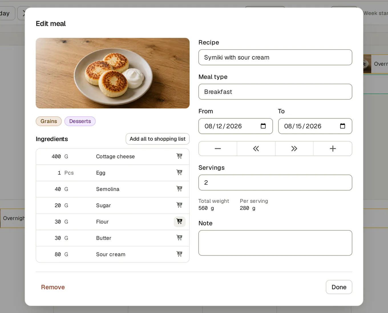 Uma refeição planeada aberta no calendário, com a receita, as doses e uma ligação para a receita completa
