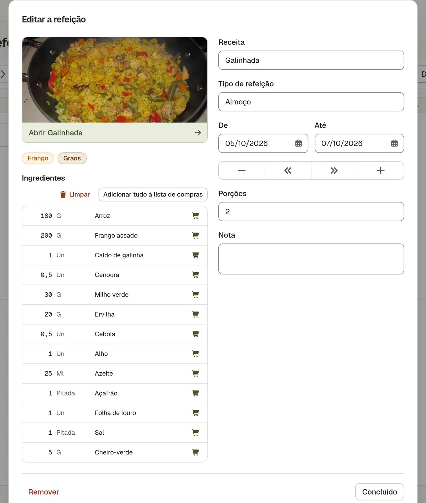 Uma refeição planeada aberta no calendário, com a receita, as doses e uma ligação para a receita completa
